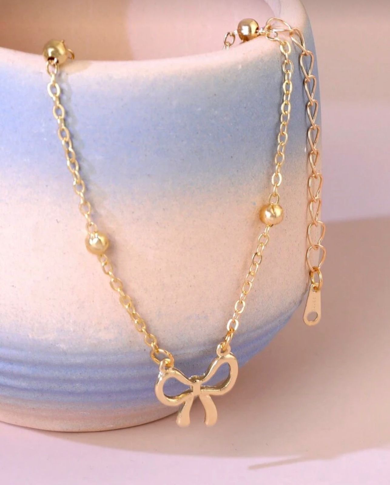 Gold-Tone Stainless Steel Beaded Bow Link Chain Bracelet image 5