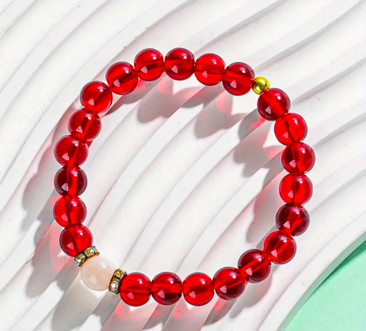 Vintage Elegant Money Attracting Bracelet, Red Glass & Moonstone Beaded Stretch Rope image 6
