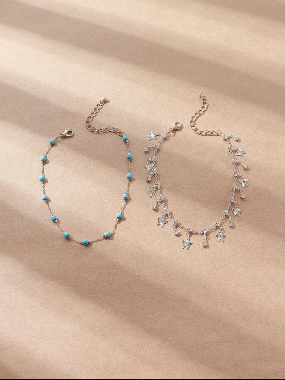 2pcs Fashionable And Shiny Faux Diamond Butterfly Glass Beaded Anklet image 6