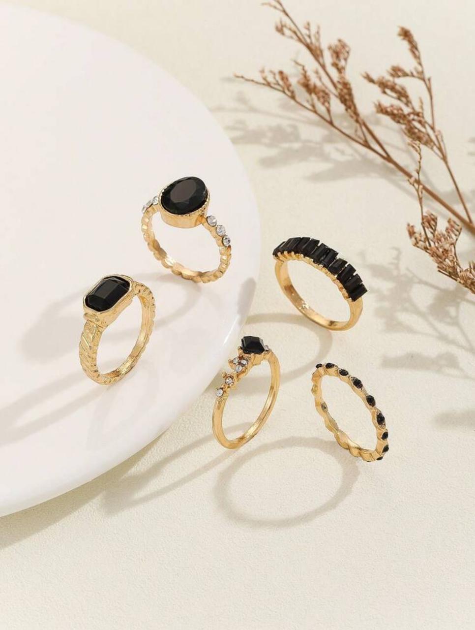 5pcs/set Simple Design Black Stone Inlaid Ring Set image 5