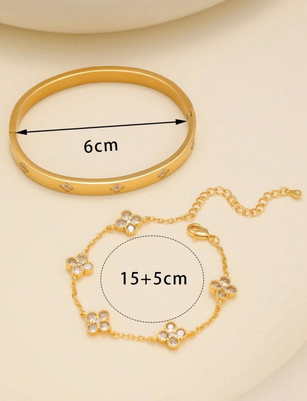 Premium Luxury Elegant 4-Leaf Clover Zirconia Stainless Steel Bracelet & Bangle Set image 6