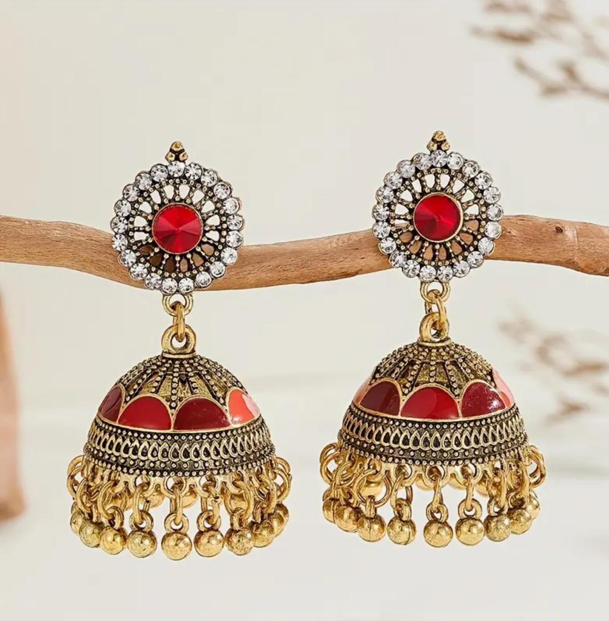 Bollywood-Style Jhumka, Golden-Plated Zinc Alloy with Rhinestone Embellishments, Multi-Color Beaded Tassels & Floral Design. image 3
