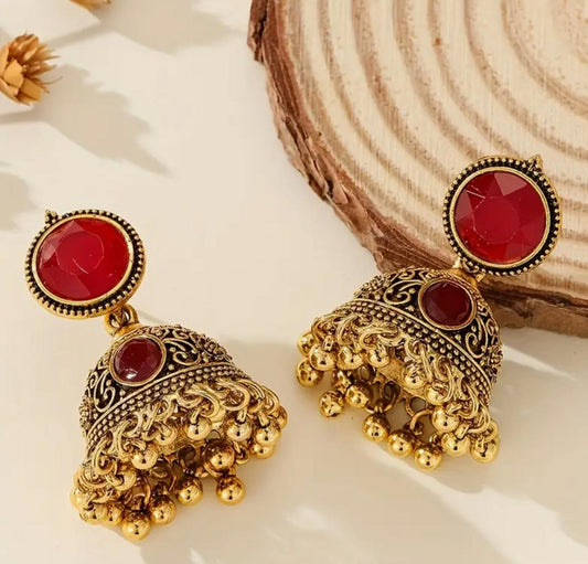 Vintage Bell Tassel Jhumka with Turquoise Stone – Intricate Filigree Design, Perfect for Weddings, Parties, and Casual Attire image 1