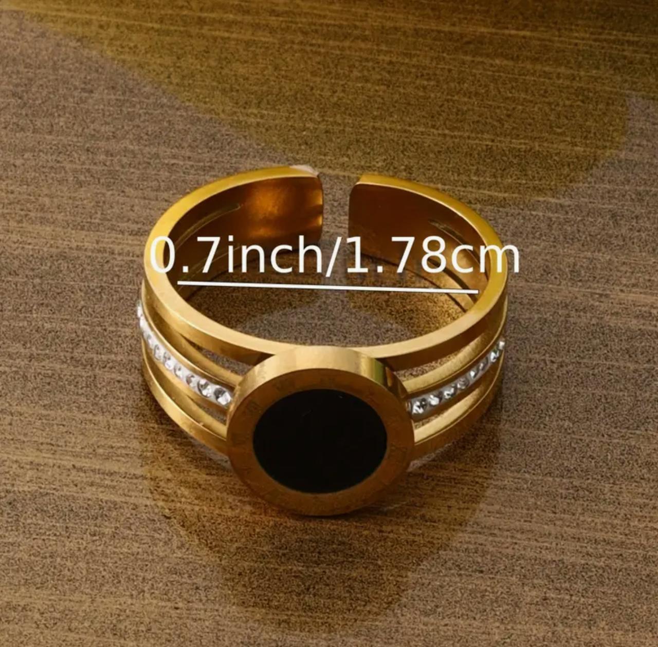 Elegant Stainless Steel Statement Ring with Black Centerpiece and Crystal Embellishments - (Adjustable) image 3