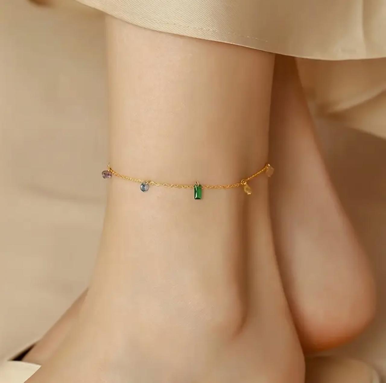 Elegant 18K Golden Plated Stainless Steel Anklet with Synthetic Cubic Zirconia, Rainbow Design, French and Japanese Style, Versatile for Daily Wear and Parties image 5