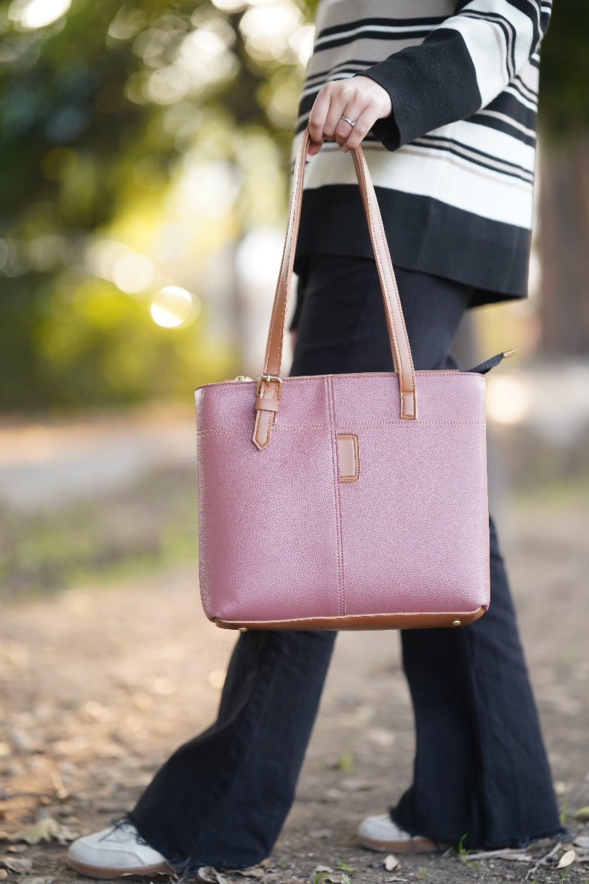Make a statement with this stylish and sophisticated handbag, premium quality, textured material in a striking multicolor combination - Pink image