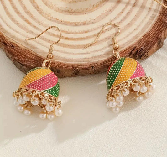 Rainbow jhumka dangles with gold accents and pearl tassels, vibrant zinc alloy charm for any look image 1