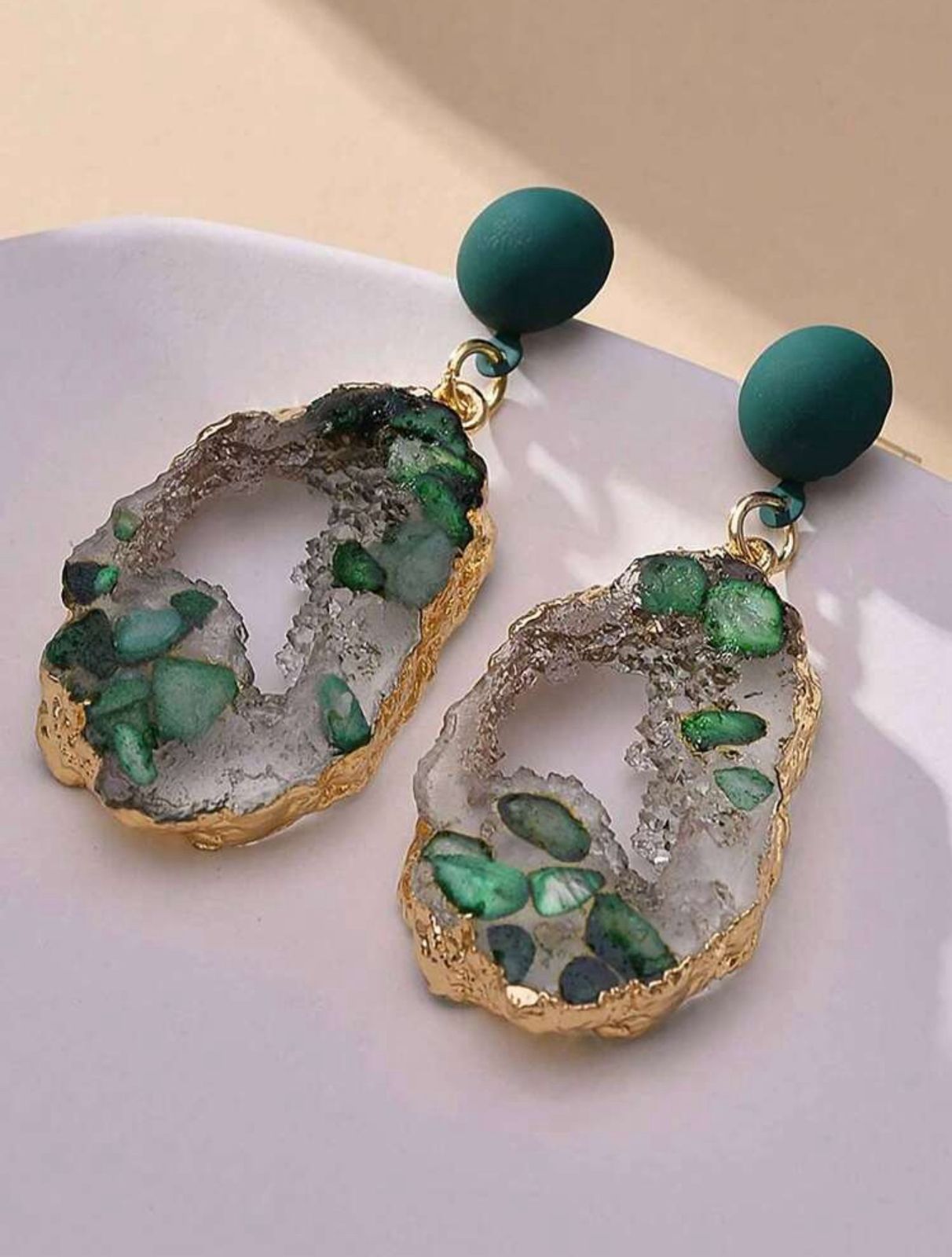 Asymmetrical Vintage Green Resin Transparent Stone Dangle Earrings image 5