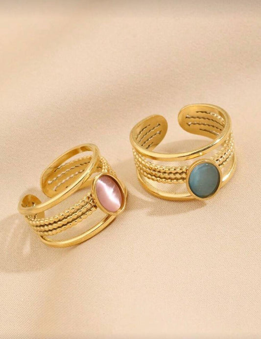 Aqua & Blush Oval Stone Stainless Steel Ring