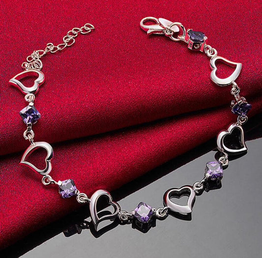 925 Sterling Silver Heart with Purple Gemstones 