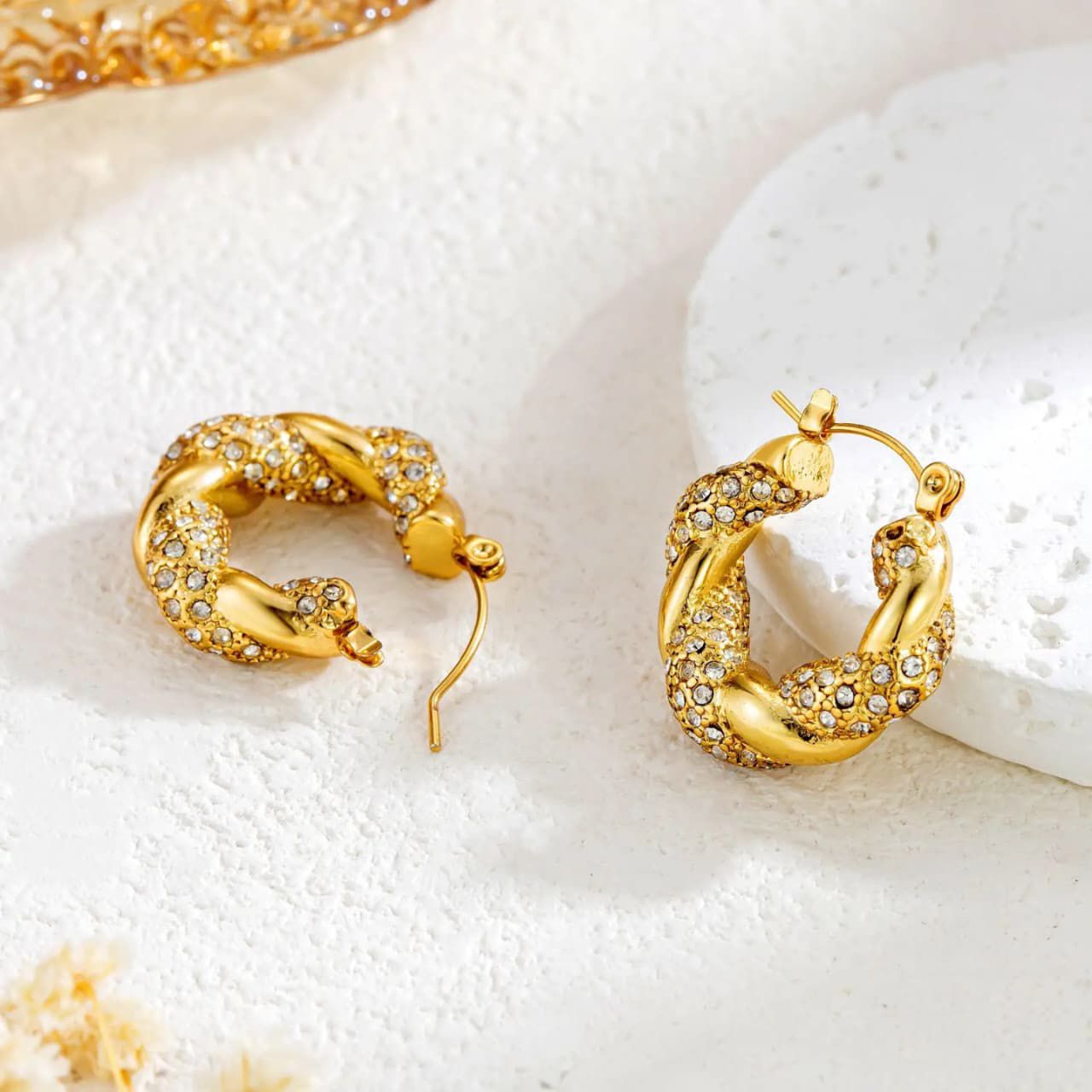 Twisted Gold Crystal Hoop Earrings