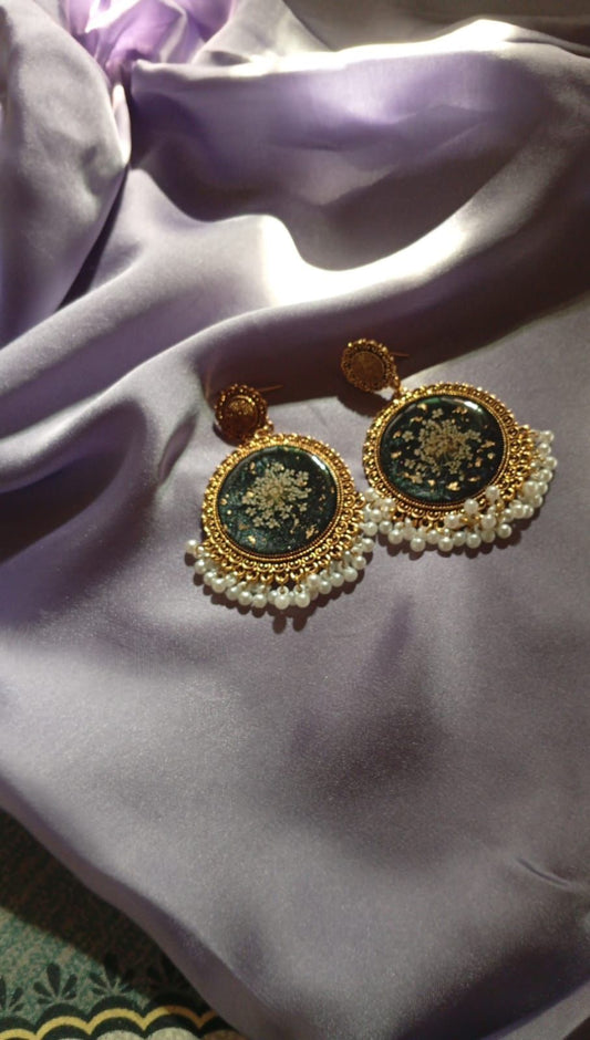 Midnight Bloom Resin Earrings with Preserved Flowers & Pearl Tassels
