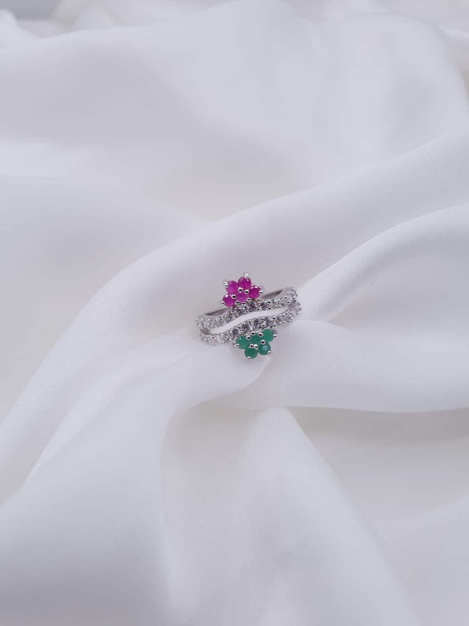 Floral Duo Zircon with Pink & Green Stones Silver Plated Ring