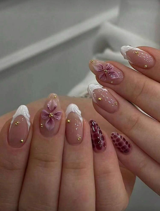 Blooming Grace – Almond-Shaped 3D Floral Gel Nail Stickers (24 Pcs)