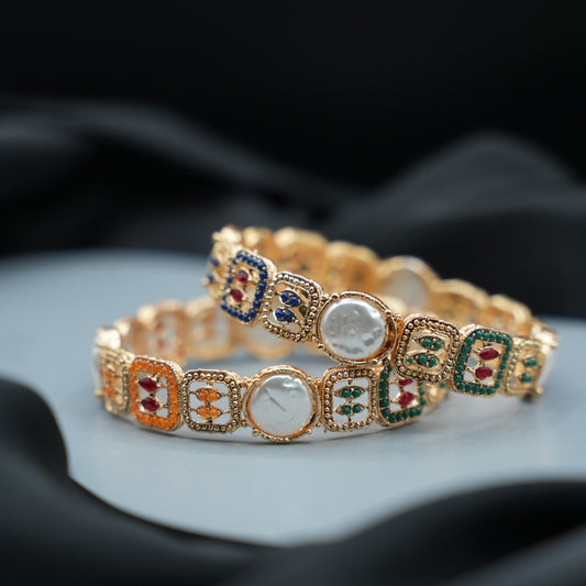 Gold Plated Pearl & Multicolor Bangles