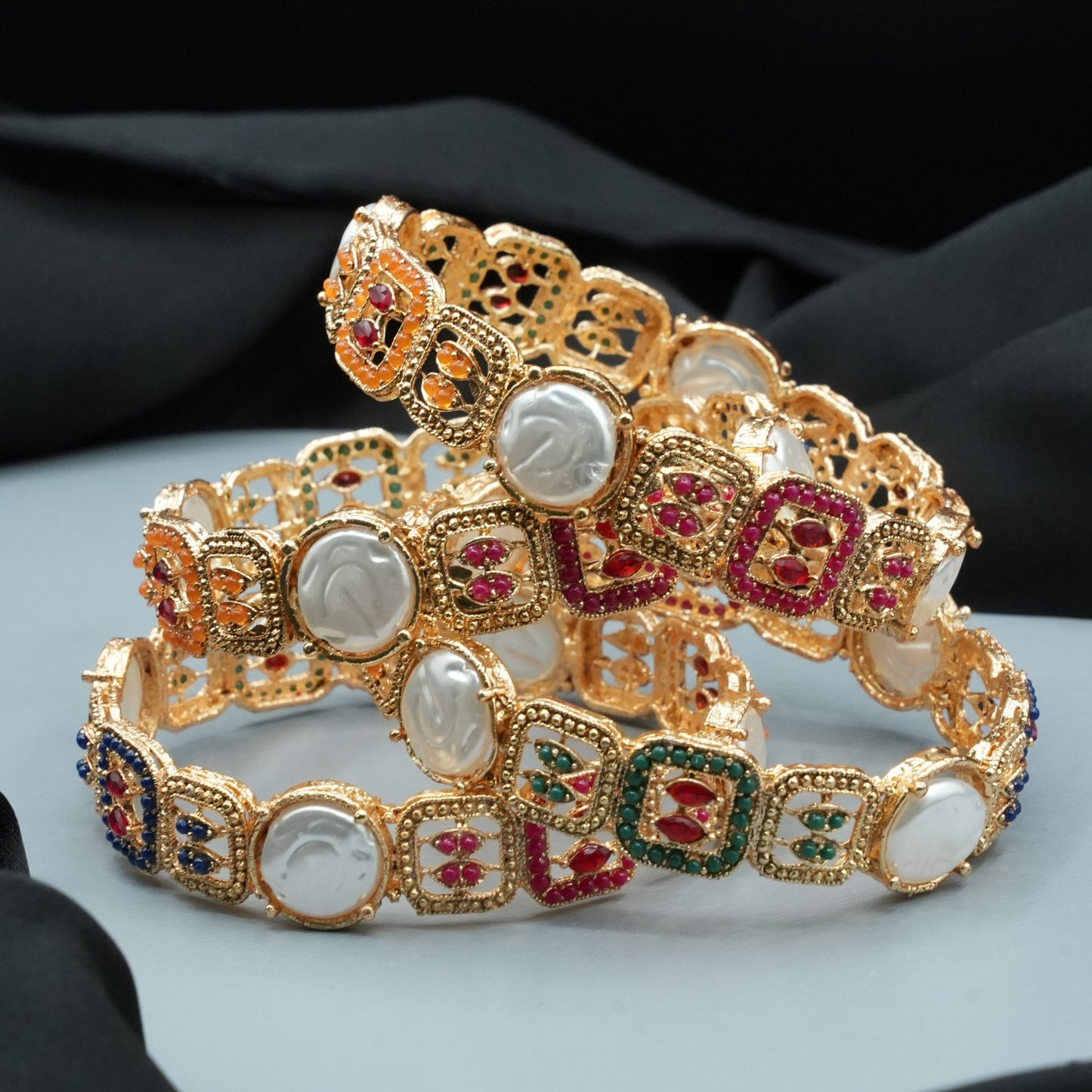 Gold Plated Pearl & Multicolor Bangles