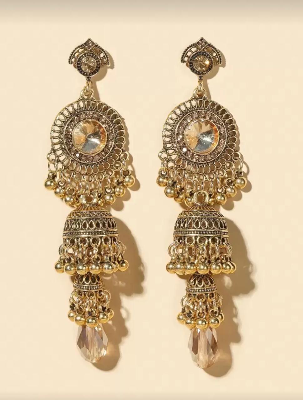Royal Champagne Jhumka Earrings – Antique Gold Finish