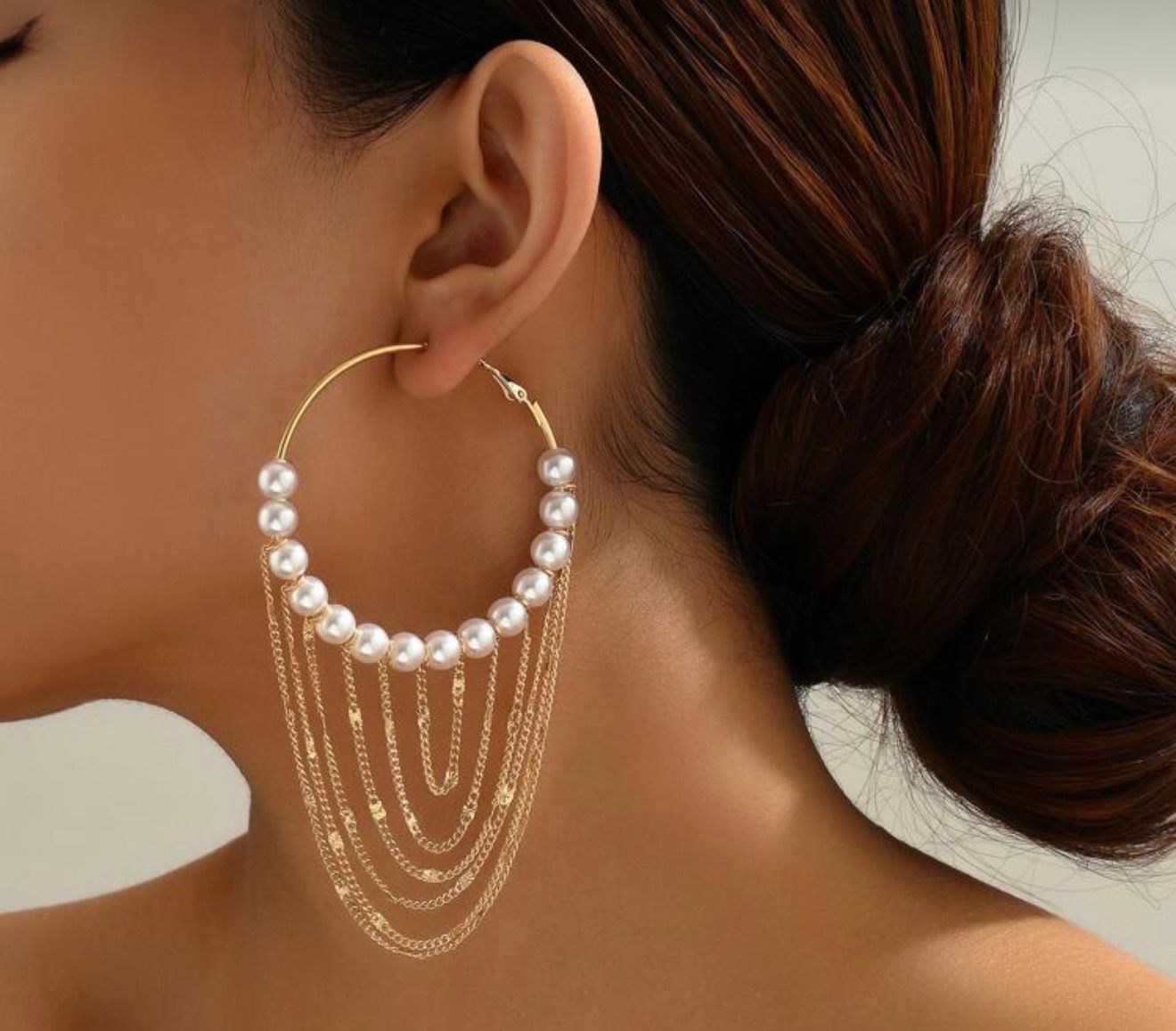 Pearl & Gold Layered Chain Hoop Earrings