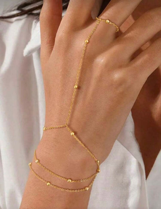 Gold Beaded Hand Chain Bracelet