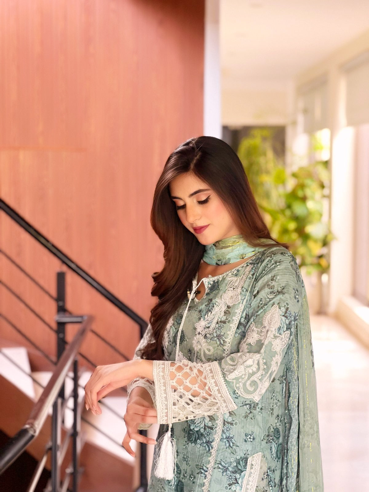 Mint Green Embroidered Lawn 3-Piece Suit with Chiffon Dupatta