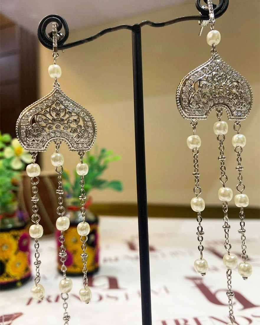 Silver Pearl Tassel Statement Earrings