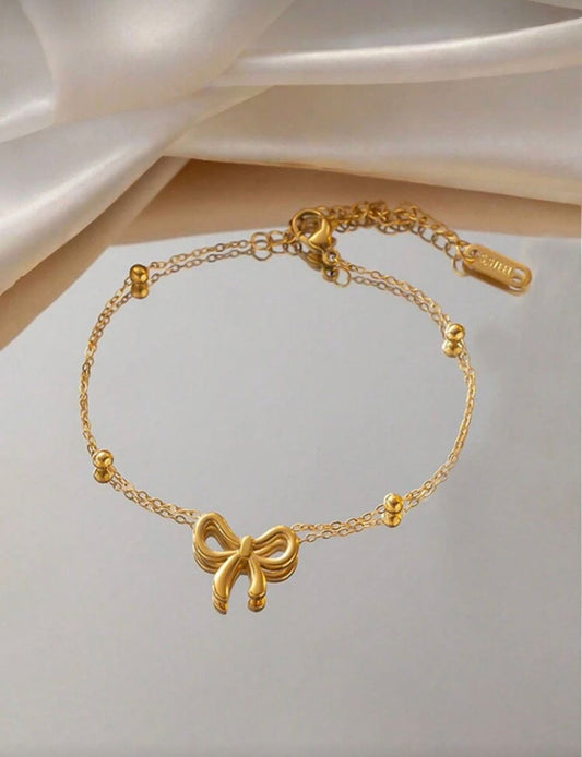 Gold-Tone Stainless Steel Beaded Bow Link Chain Bracelet image 1