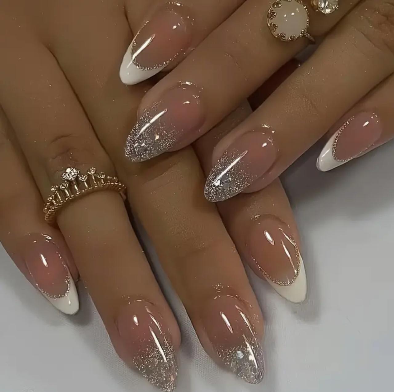24pcs of Almond Elegant Shiny Silver Glitter French White Changing False Brightening Wearable Nails. image 4