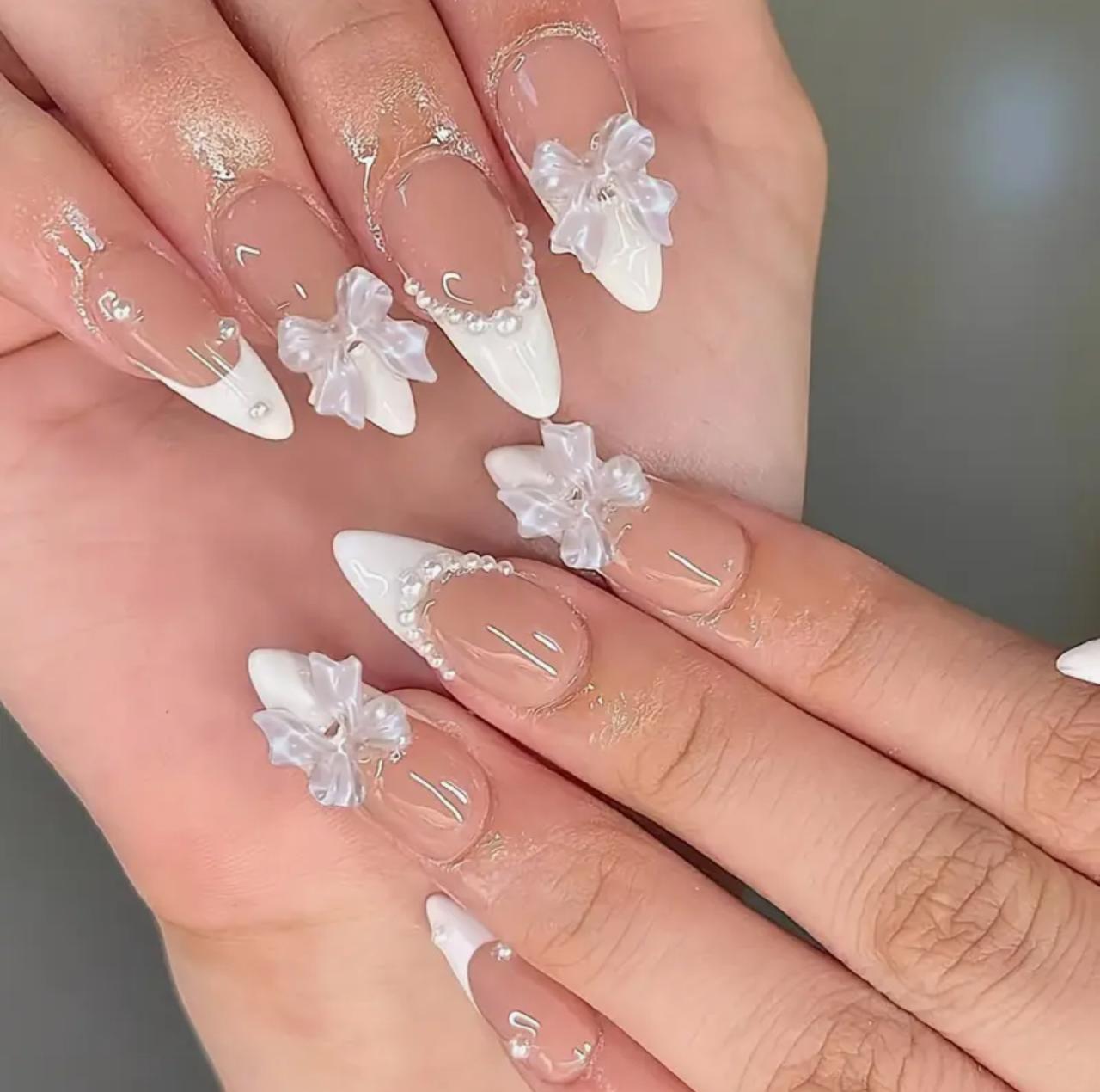 Double-Tone Nail Decals with Pearl and White Bow Details - Perfect for Women's Everyday and Festive Occasions image 4
