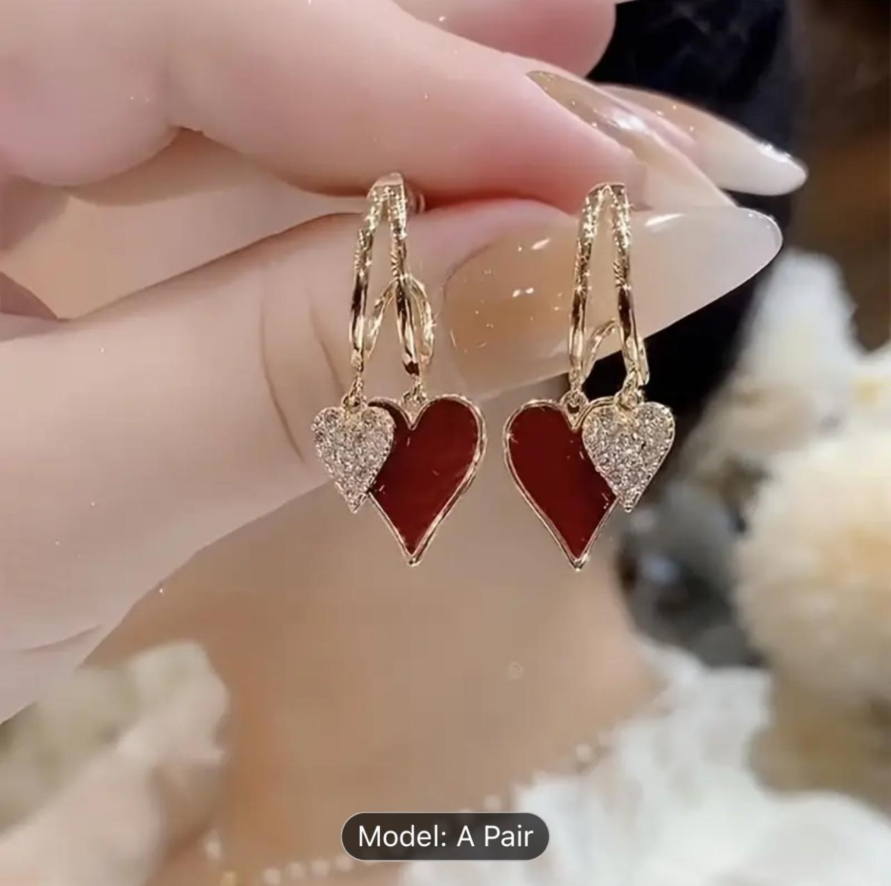 Elegant Red Heart Dangle Earrings with Silvery Needle image 3