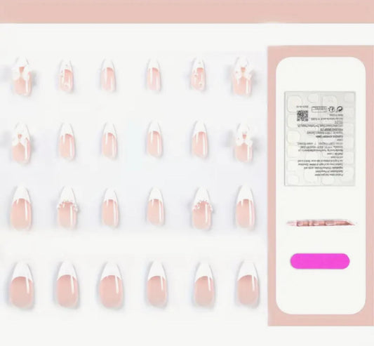 Double-Tone Nail Decals with Pearl and White Bow Details - Perfect for Women's Everyday and Festive Occasions image 1