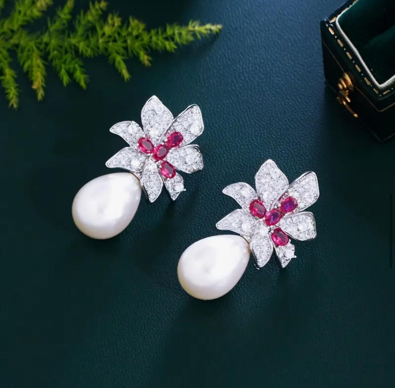 Sparkly Rose Red Zirconia Big Flower Artificial Pearl Drop Earrings image 4