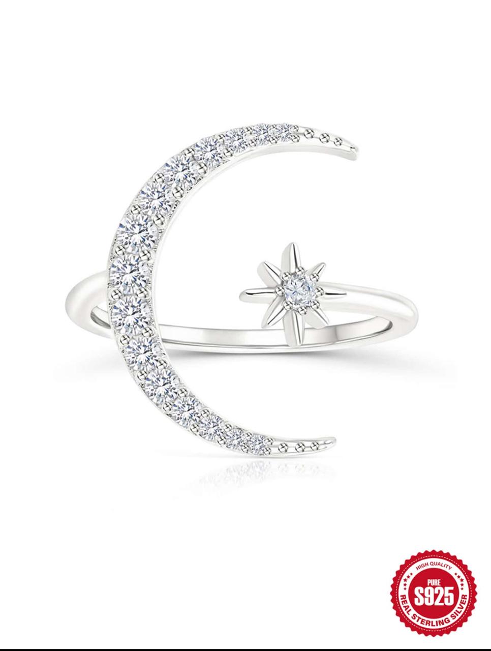 Moon Stars Cubic Zirconia S925 Sterling Silver Open Ring Women Fashionable Ring image 1