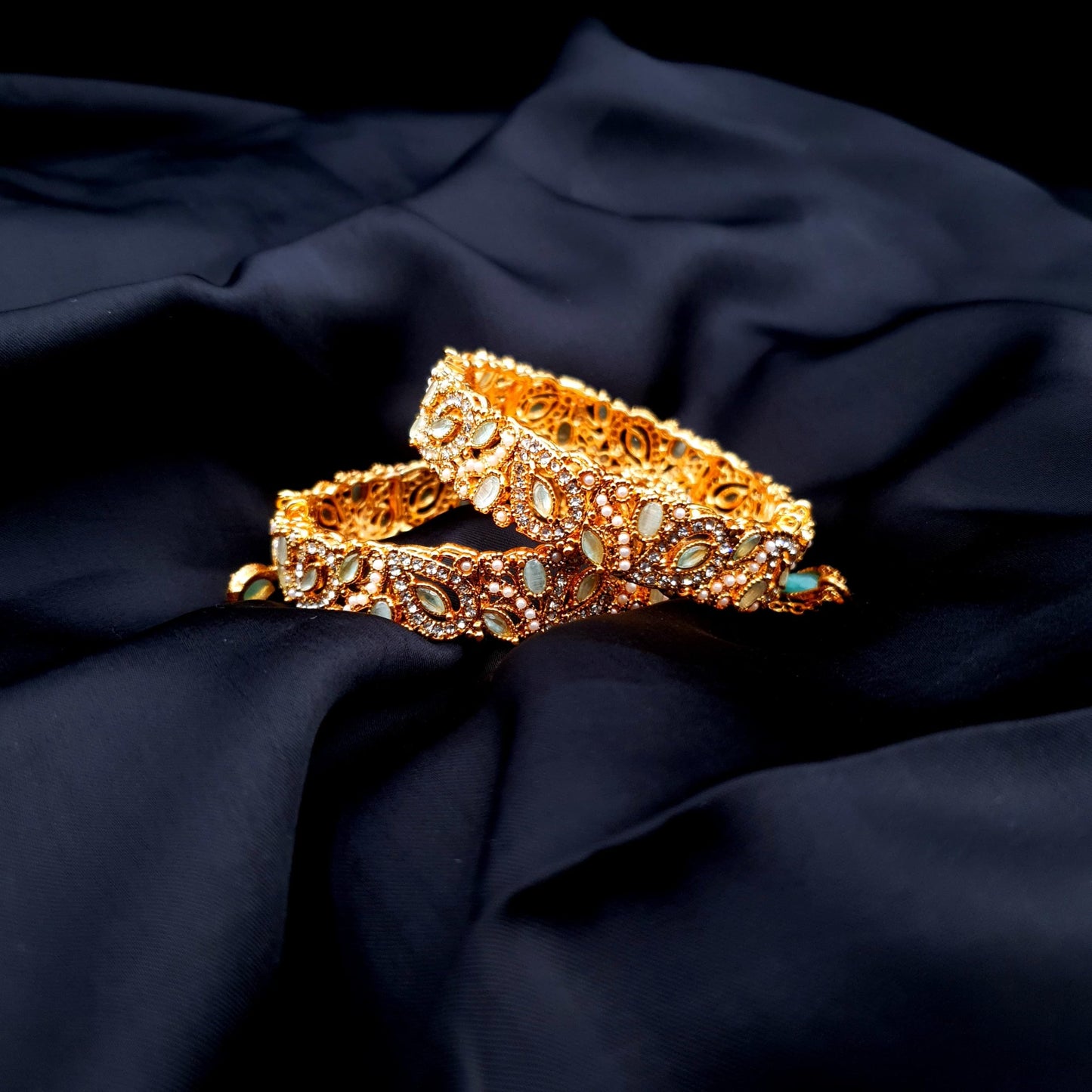 Pair of Elegant Gold-Plated Bangle with Multicolored Gemstones & Dangling Charm. (Openable) image 11