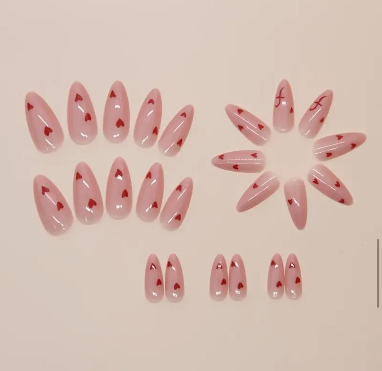 Almond Shaped Press-On Nails with Glossy Red Heart Design image 2