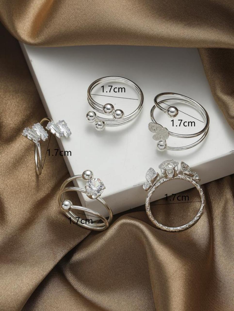 5pcs/set Fashionable Zinc Alloy Cubic Zirconia & Butterfly Decor Cuff Ring image 5