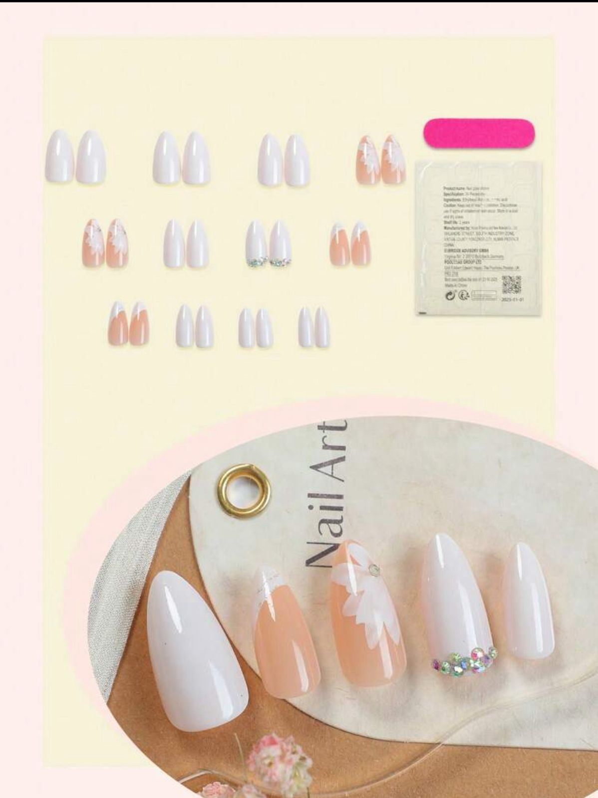 Medium Almond French Tip Having Flower Glitter And Rhinestone Elegant Design  Press On Nails image 2