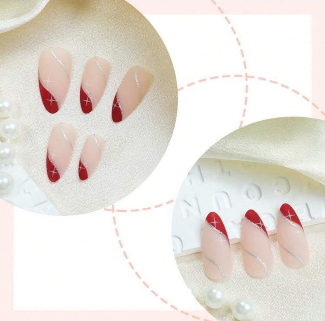 Medium Almond Minimalist Red French Glossy Full Cover  Press On Nails with Silver Glitter Lines And White Star image 3