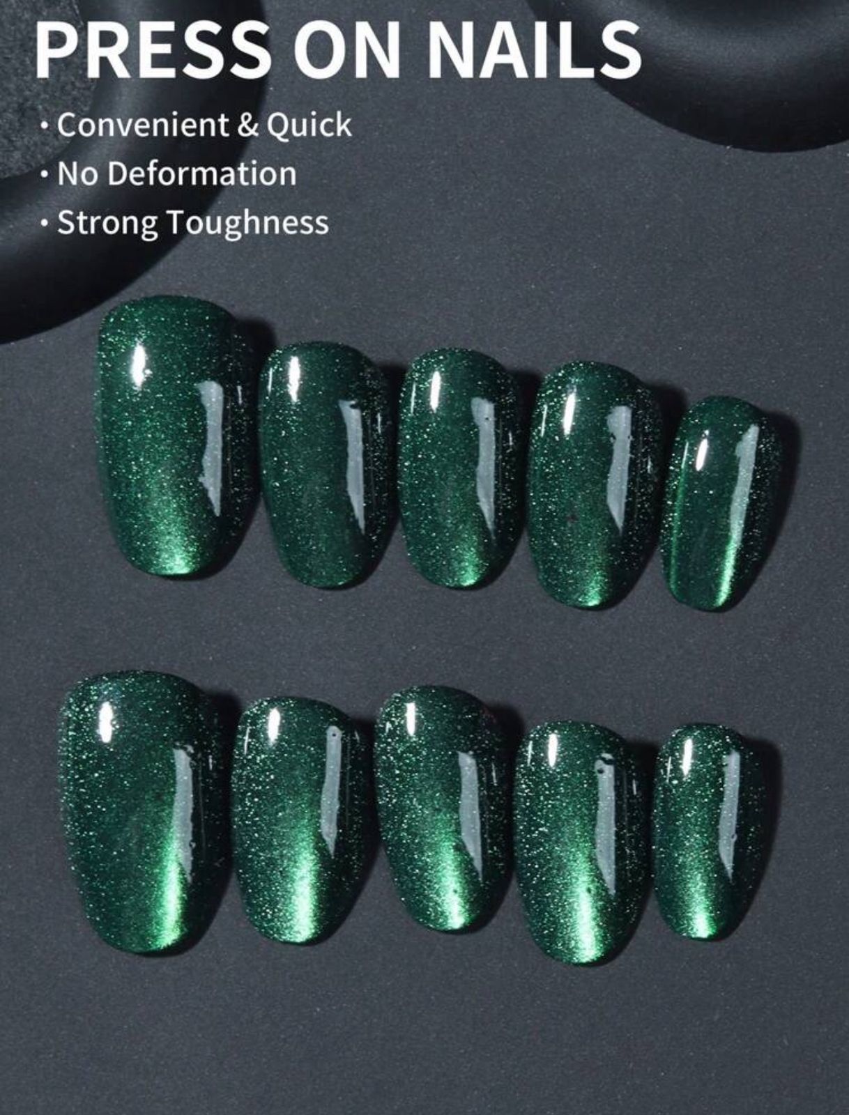 Y2K Short Oval Green Crystal Cat Eye Tip Press On Nails image 4