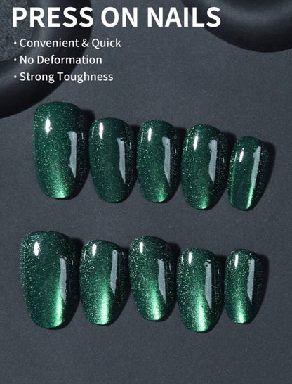 Y2K Short Oval Green Crystal Cat Eye Tip Press On Nails image 4
