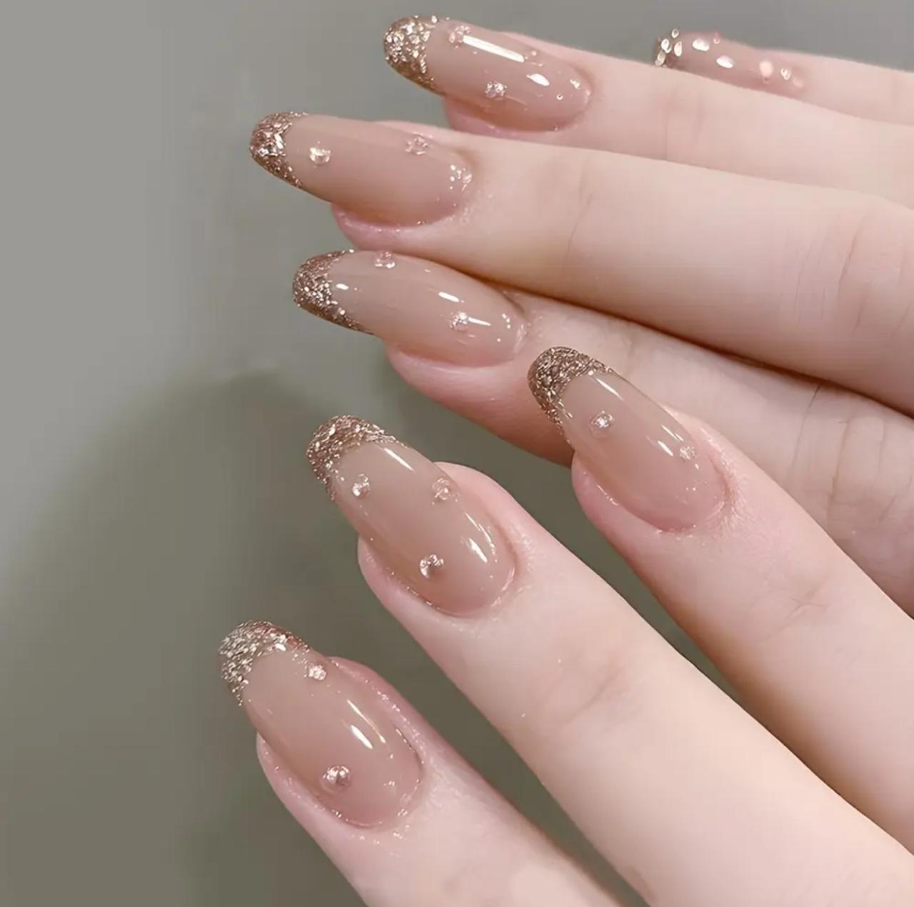 24pcs Glossy Medium-Length Ballet Press-On Nails with Pink Flower Glitter Powder & Rhinestones image 4
