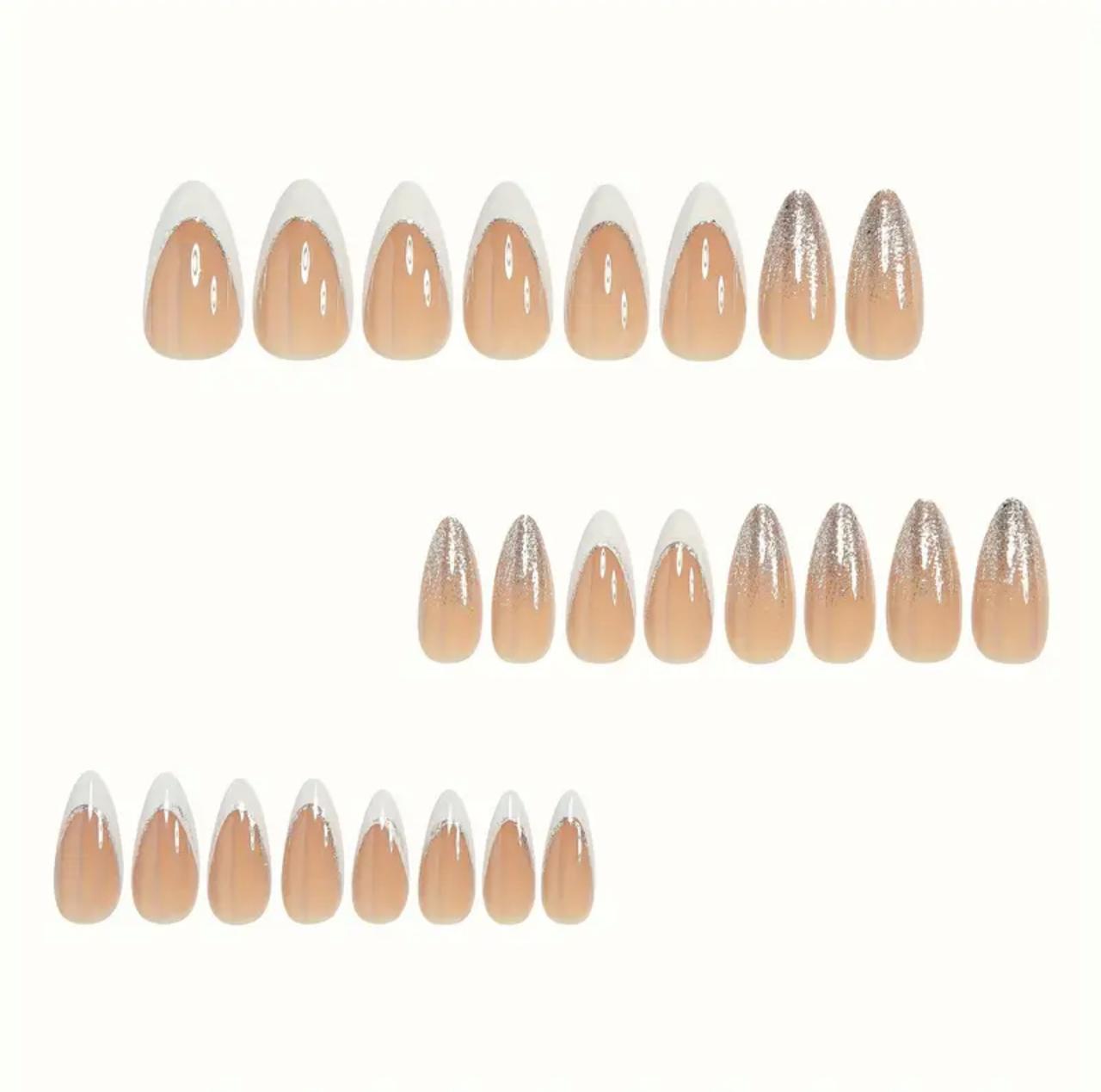 24pcs of Almond Elegant Shiny Silver Glitter French White Changing False Brightening Wearable Nails. image 3
