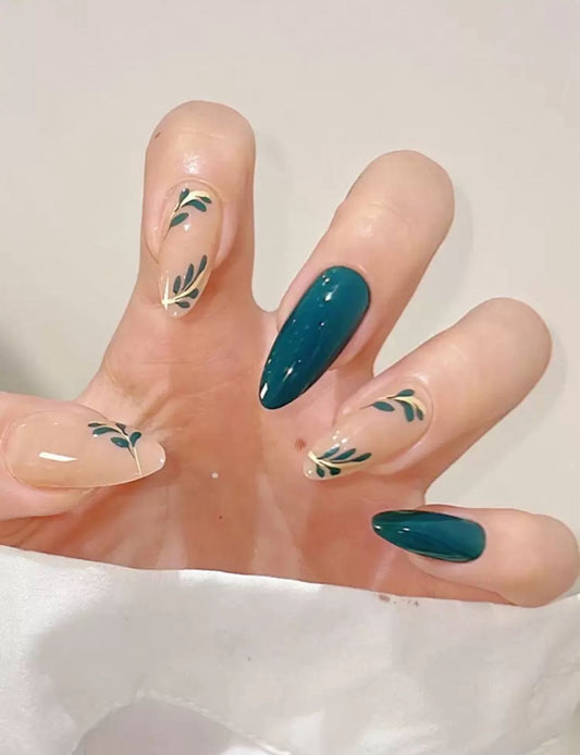 Get Glamorous With 24pcs Long Almond Solid Green Leaf Pattern Leaf Pattern Fake Nail image 1