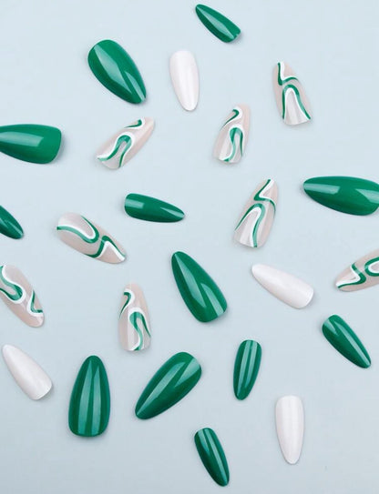 24pcs Y2K Style Long Almond Fake Nail, White & Green Color Cute Stripe, Light Weight & Fit Perfectly image 1