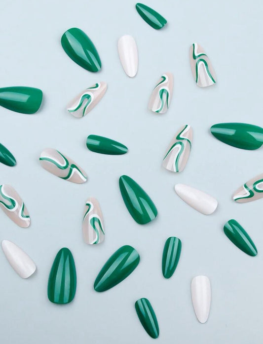 24pcs Y2K Style Long Almond Fake Nail, White & Green Color Cute Stripe, Light Weight & Fit Perfectly image 1