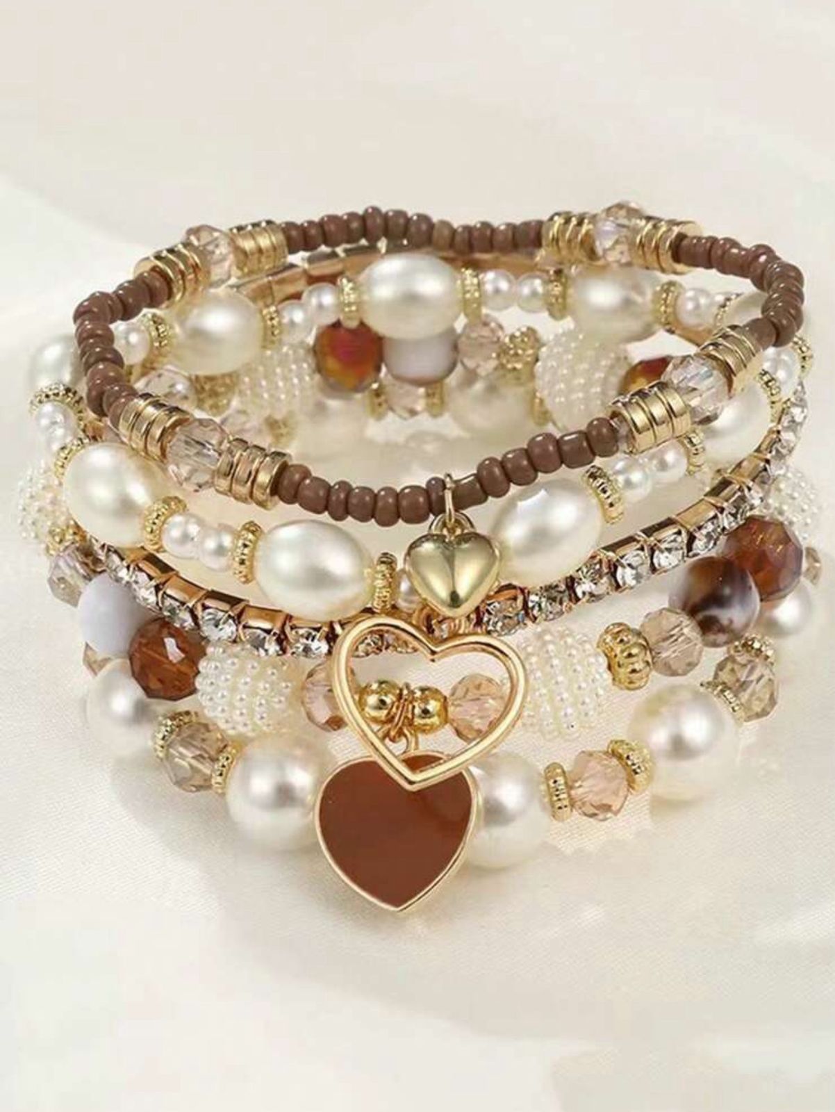 Handmade Pearl Beaded Bohemian Heart Bracelet Set, Versatile Layered Bangle Wristband Suitable For Women Daily, Party Wear, Gift For Friends And Family image 3