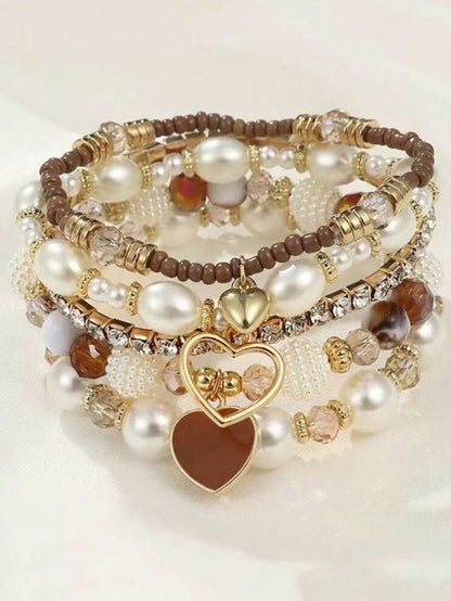 Handmade Pearl Beaded Bohemian Heart Bracelet Set, Versatile Layered Bangle Wristband Suitable For Women Daily, Party Wear, Gift For Friends And Family image 3