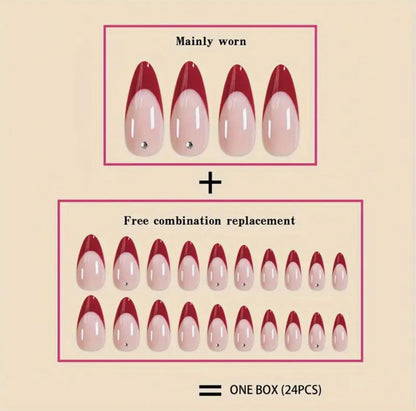 Drop Shape Fake Nails with Red Line, Pink Glossy Colorblock, Glitter Accents, and Rhinestone Embellishments image 1