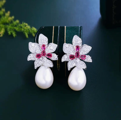 Sparkly Rose Red Zirconia Big Flower Artificial Pearl Drop Earrings image 2