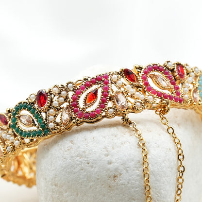 Pair of Elegant Gold-Plated Bangle with Multicolored Gemstones & Dangling Charm. (Openable) image 0