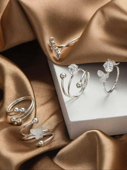 5pcs/set Fashionable Zinc Alloy Cubic Zirconia & Butterfly Decor Cuff Ring image 0